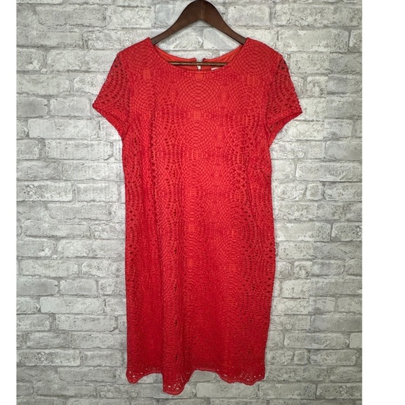 Chico's Lace Dress Size 2 US Large Coral Orange Eyelet Cutout Overlay‎ Lined - Picture 1 of 14